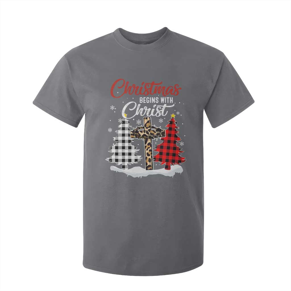Christmas Begins With Christ T Shirt For Kid Leopard Cross Plaid Xmas Tree TS11 Charcoal Print Your Wear