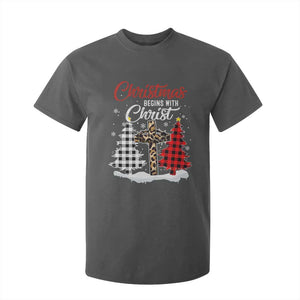 Christmas Begins With Christ T Shirt For Kid Leopard Cross Plaid Xmas Tree TS11 Dark Heather Print Your Wear