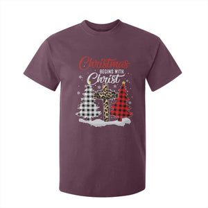 Christmas Begins With Christ T Shirt For Kid Leopard Cross Plaid Xmas Tree TS11 Maroon Print Your Wear