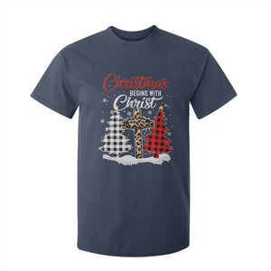 Christmas Begins With Christ T Shirt For Kid Leopard Cross Plaid Xmas Tree TS11 Navy Print Your Wear