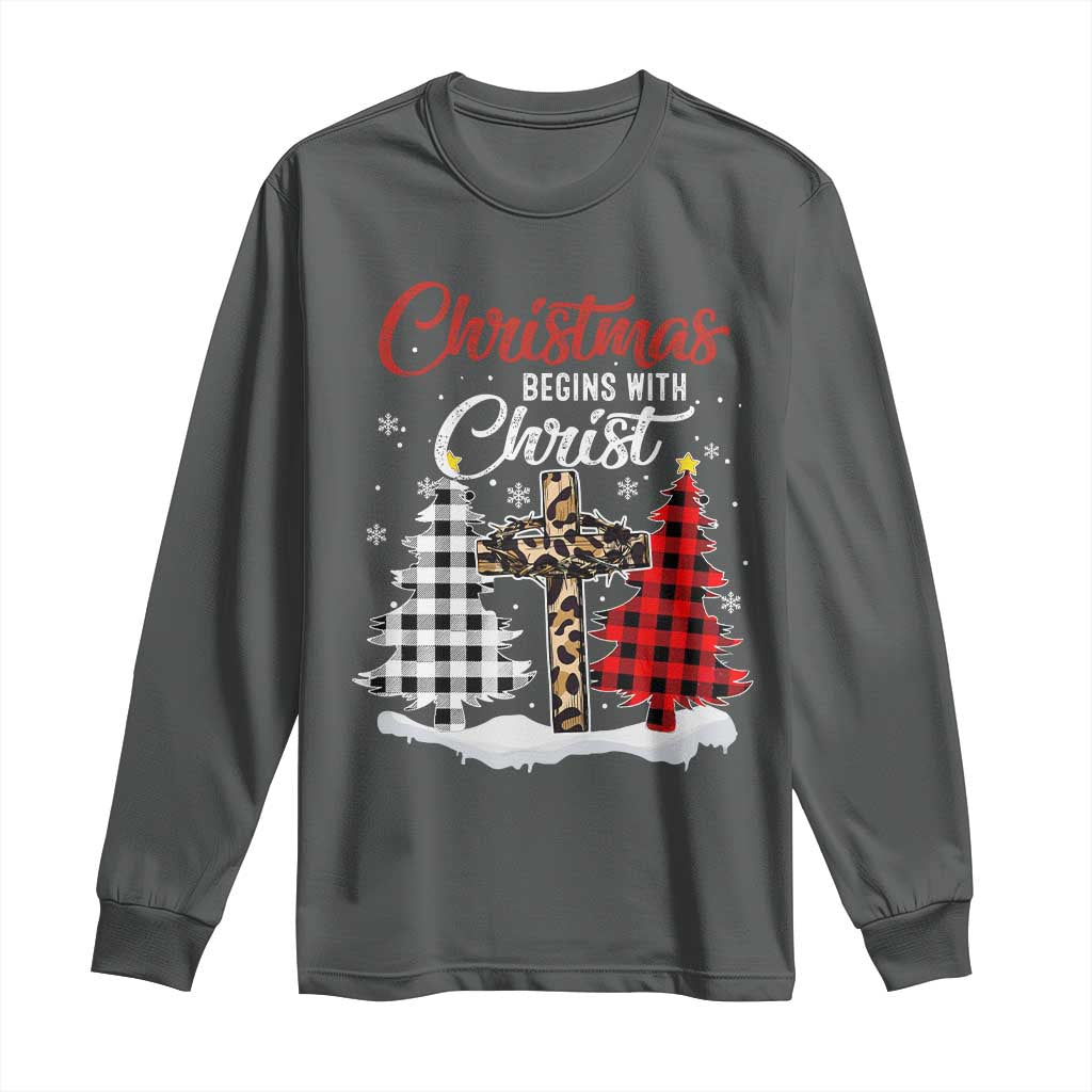 Christmas Begins With Christ Long Sleeve Shirt Leopard Cross Plaid Xmas Tree TS11 Dark Heather Print Your Wear