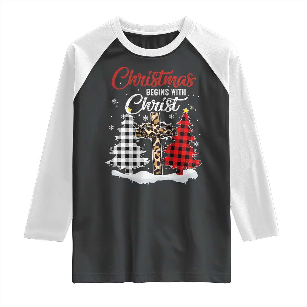Christmas Begins With Christ Raglan Shirt Leopard Cross Plaid Xmas Tree TS11 Black White Print Your Wear