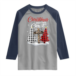 Christmas Begins With Christ Raglan Shirt Leopard Cross Plaid Xmas Tree TS11 Sport Gray Navy Print Your Wear