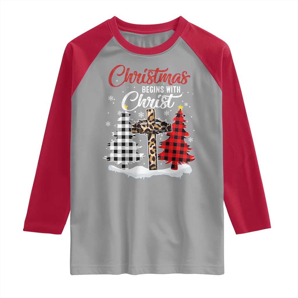 Christmas Begins With Christ Raglan Shirt Leopard Cross Plaid Xmas Tree TS11 Sport Gray Red Print Your Wear