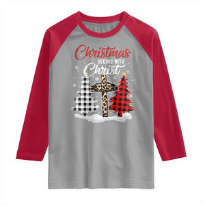 Christmas Begins With Christ Raglan Shirt Leopard Cross Plaid Xmas Tree TS11 Sport Gray Red Print Your Wear