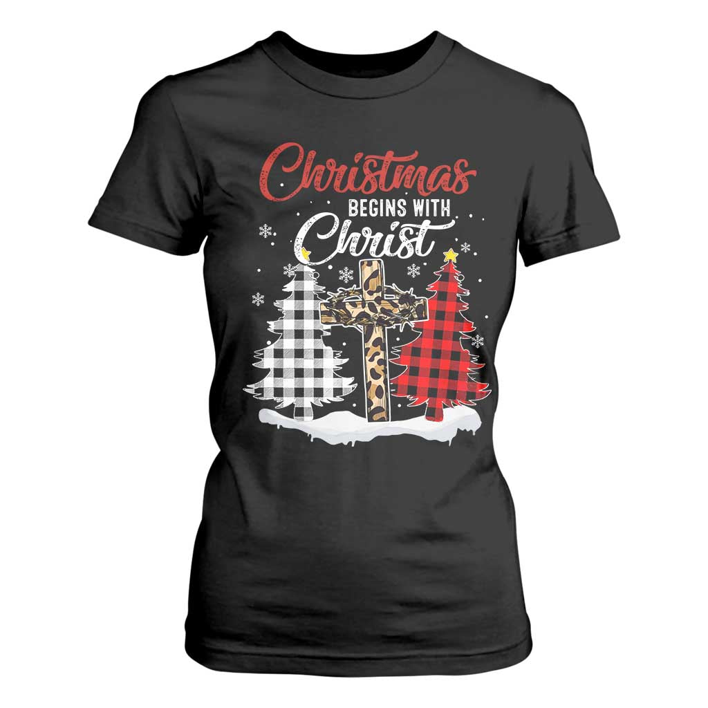 Christmas Begins With Christ T Shirt For Women Leopard Cross Plaid Xmas Tree TS11 Black Print Your Wear
