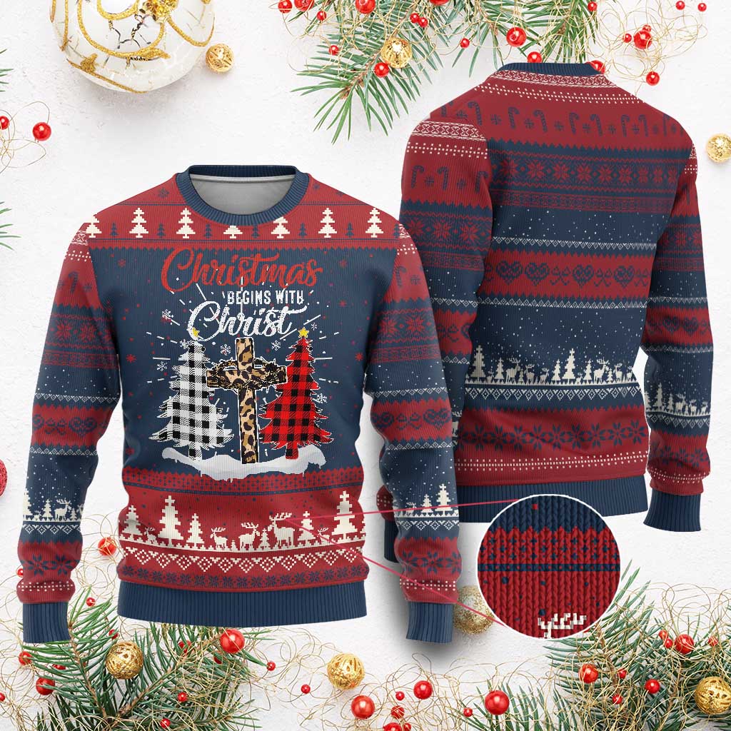 Christmas Begins With Christ Ugly Christmas Sweater Leopard Cross Plaid Xmas Tree TS11 Burgundy Print Your Wear