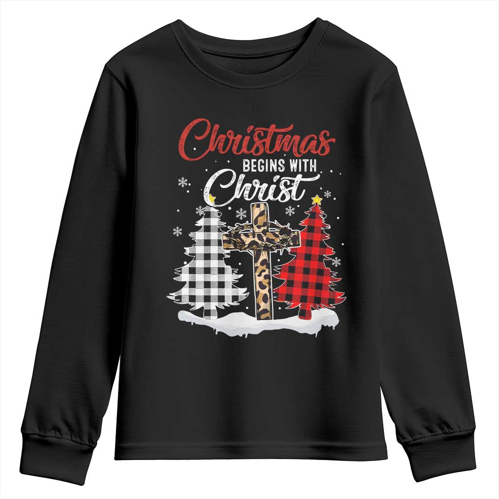 Christmas Begins With Christ Youth Sweatshirt Leopard Cross Plaid Xmas Tree TS11 Black Print Your Wear