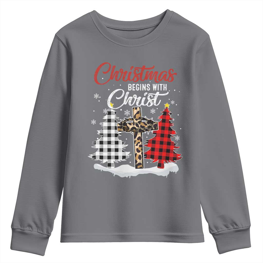 Christmas Begins With Christ Youth Sweatshirt Leopard Cross Plaid Xmas Tree TS11 Charcoal Print Your Wear
