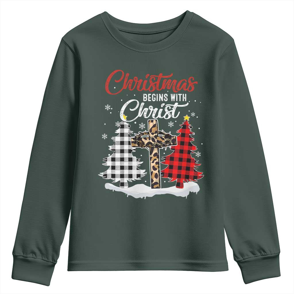 Christmas Begins With Christ Youth Sweatshirt Leopard Cross Plaid Xmas Tree TS11 Dark Forest Green Print Your Wear
