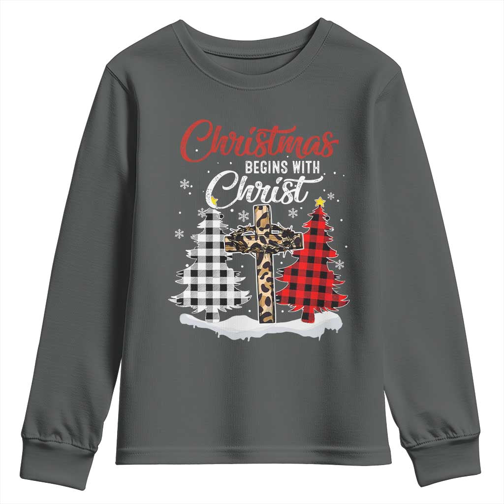 Christmas Begins With Christ Youth Sweatshirt Leopard Cross Plaid Xmas Tree TS11 Dark Heather Print Your Wear