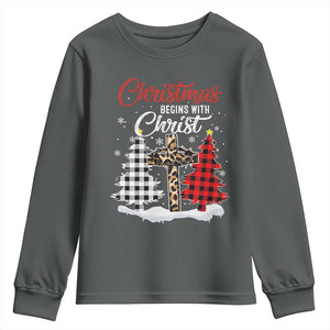 Christmas Begins With Christ Youth Sweatshirt Leopard Cross Plaid Xmas Tree TS11 Dark Heather Print Your Wear