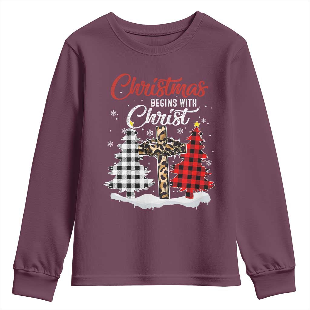 Christmas Begins With Christ Youth Sweatshirt Leopard Cross Plaid Xmas Tree TS11 Maroon Print Your Wear
