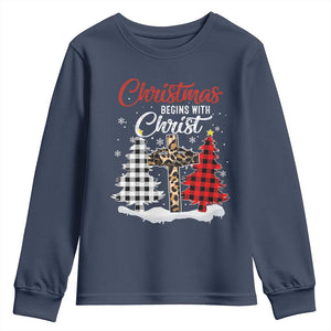Christmas Begins With Christ Youth Sweatshirt Leopard Cross Plaid Xmas Tree TS11 Navy Print Your Wear