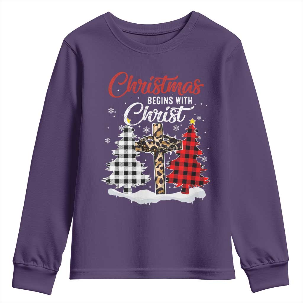 Christmas Begins With Christ Youth Sweatshirt Leopard Cross Plaid Xmas Tree TS11 Purple Print Your Wear