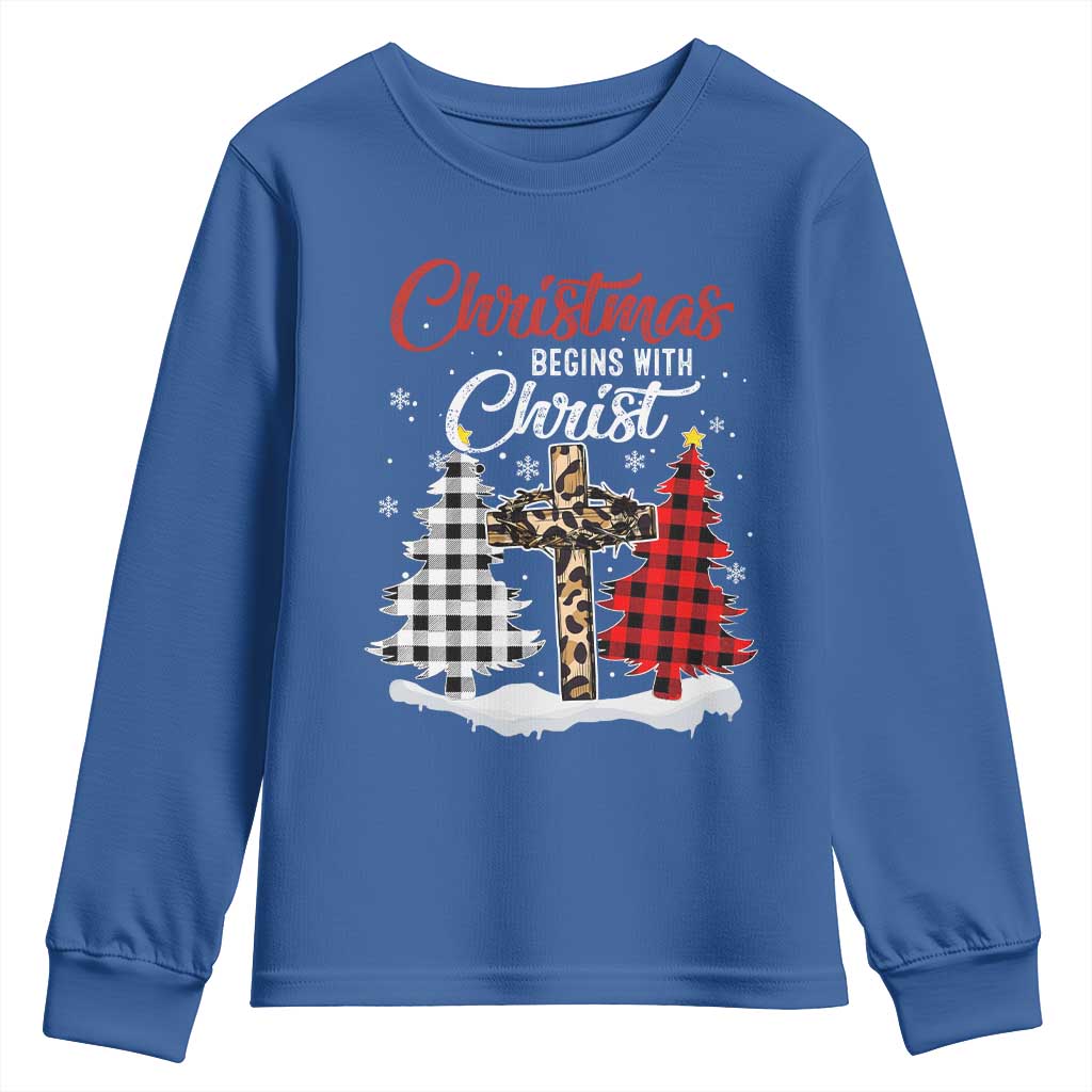 Christmas Begins With Christ Youth Sweatshirt Leopard Cross Plaid Xmas Tree TS11 Royal Blue Print Your Wear