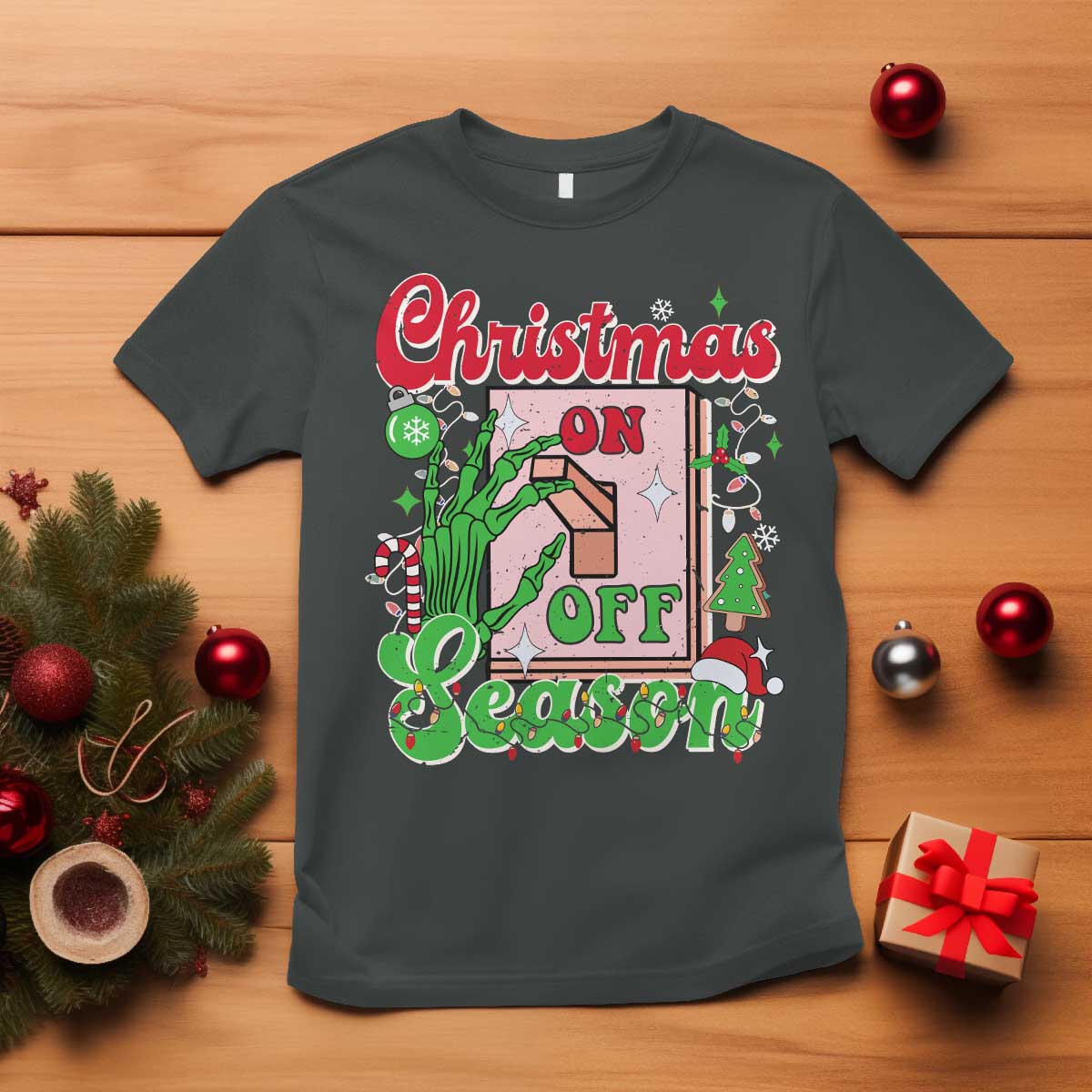 Funny Christmas Season T Shirt Switch Red And Green Skeleton Hand TS11 Dark Heather Print Your Wear