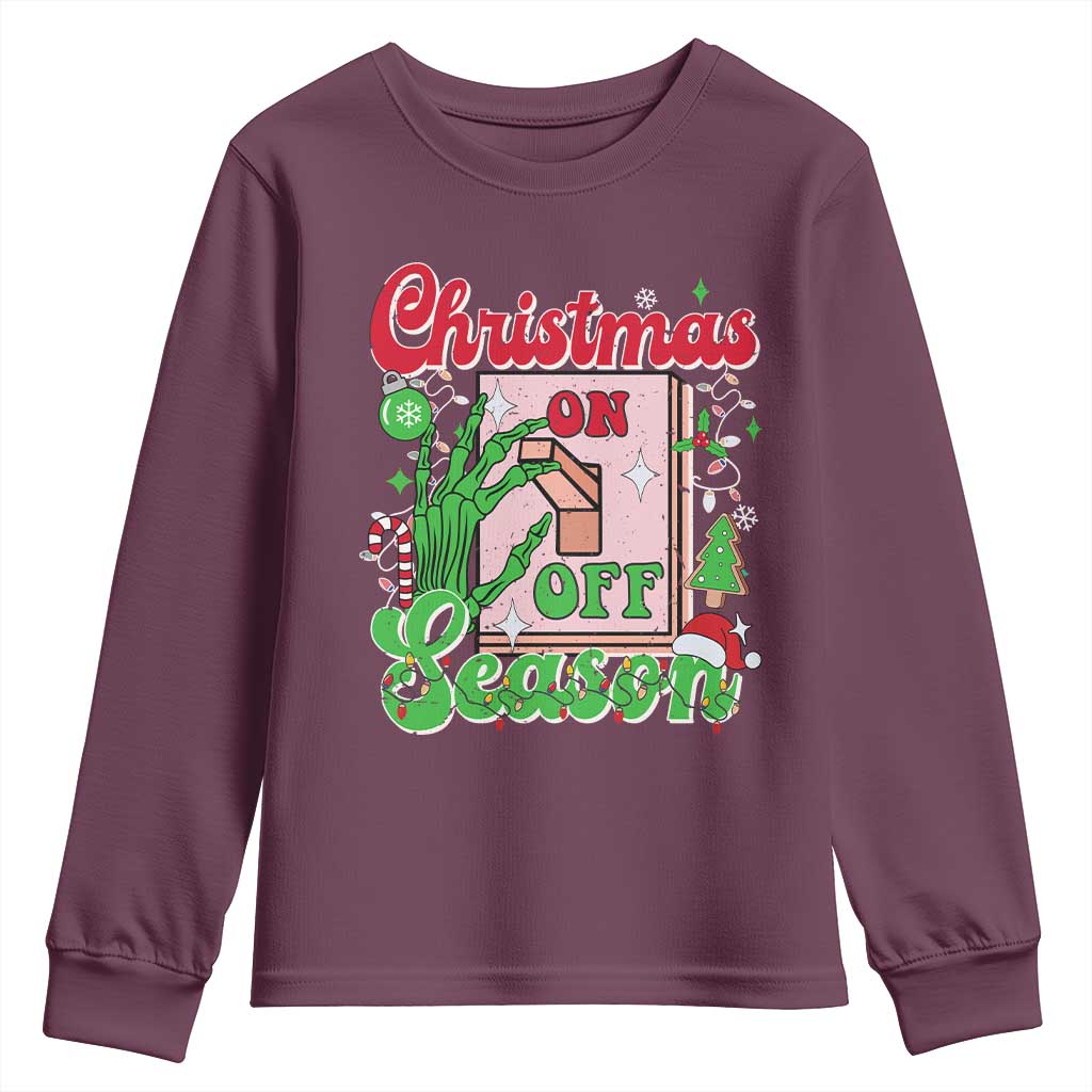 Funny Christmas Season Youth Sweatshirt Switch Red And Green Skeleton Hand TS11 Maroon Print Your Wear