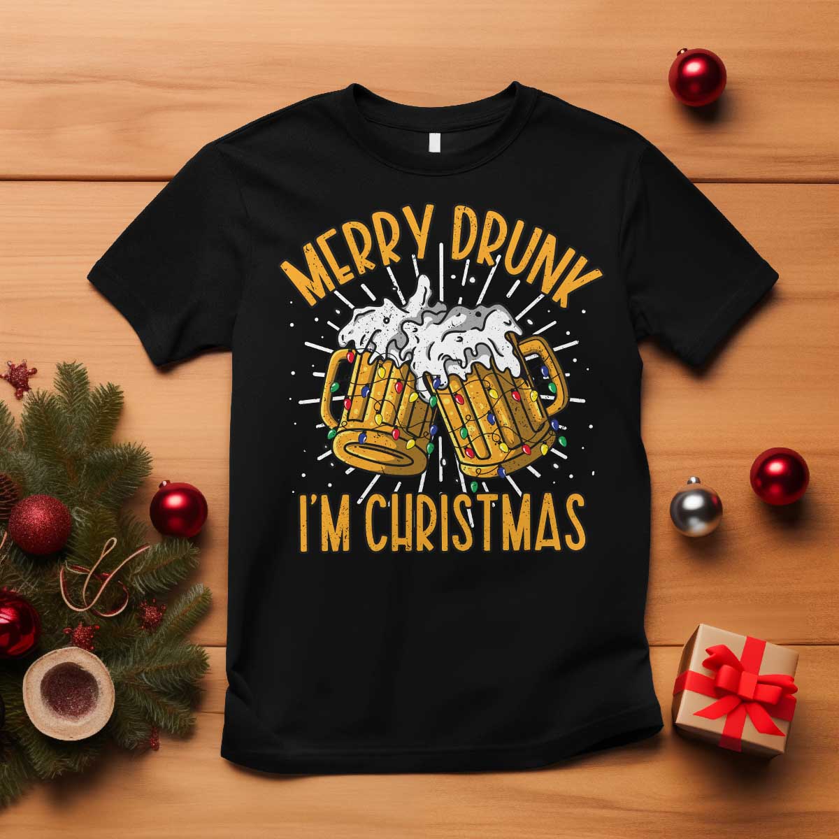 Funny Merry Drunk I'm Christmas T Shirt Vintage Beer Mugs Xmas TS11 Black Print Your Wear