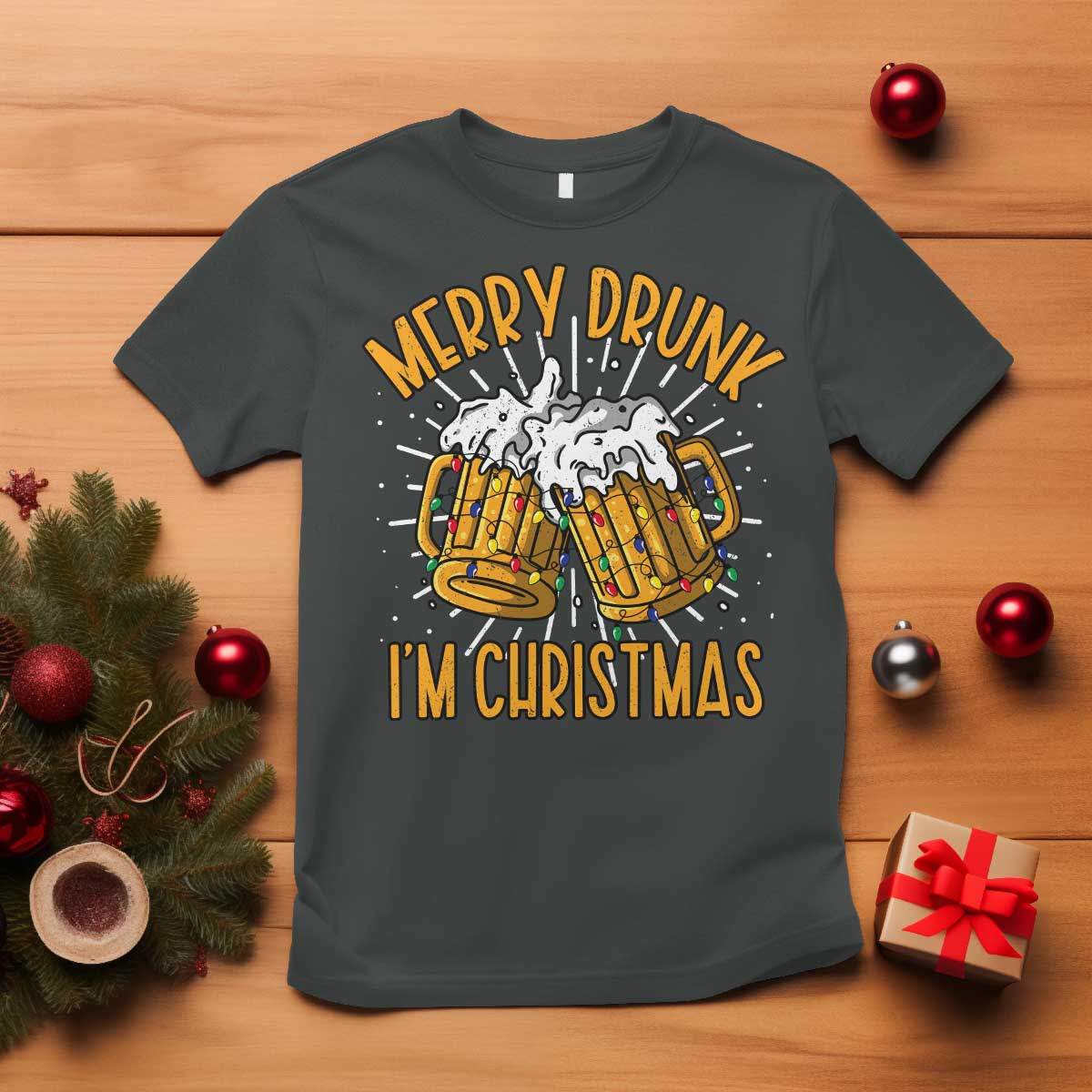 Funny Merry Drunk I'm Christmas T Shirt Vintage Beer Mugs Xmas TS11 Dark Heather Print Your Wear