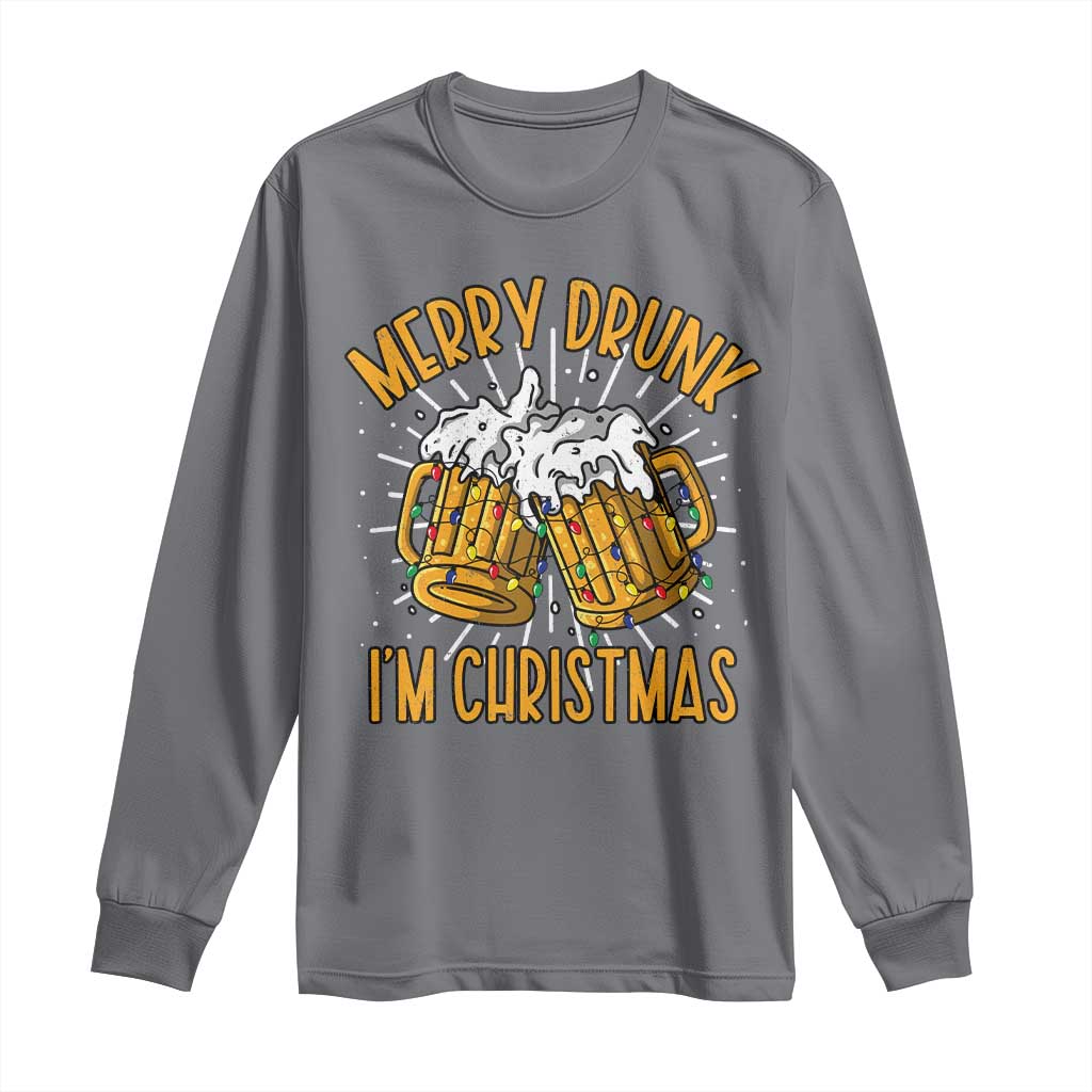 Funny Merry Drunk I'm Christmas Long Sleeve Shirt Vintage Beer Mugs Xmas TS11 Charcoal Print Your Wear