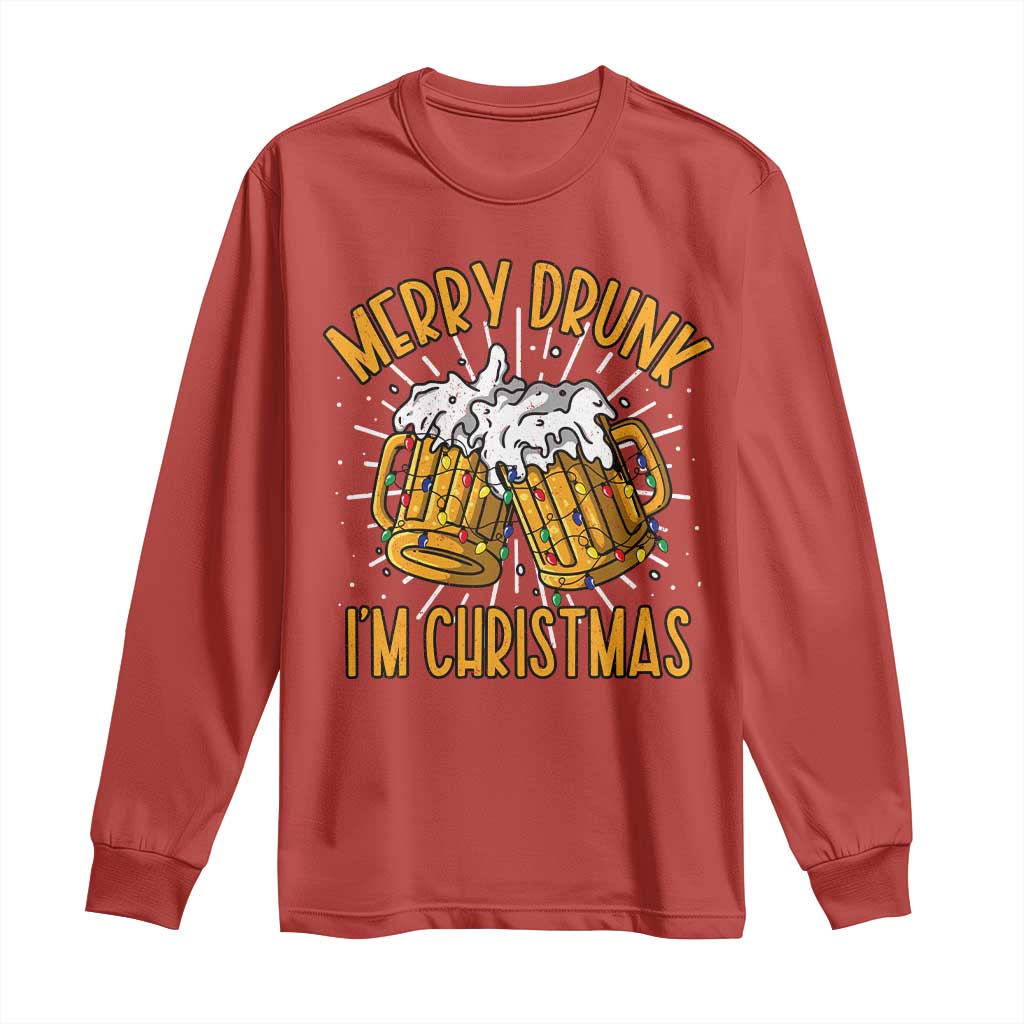 Funny Merry Drunk I'm Christmas Long Sleeve Shirt Vintage Beer Mugs Xmas TS11 Red Print Your Wear
