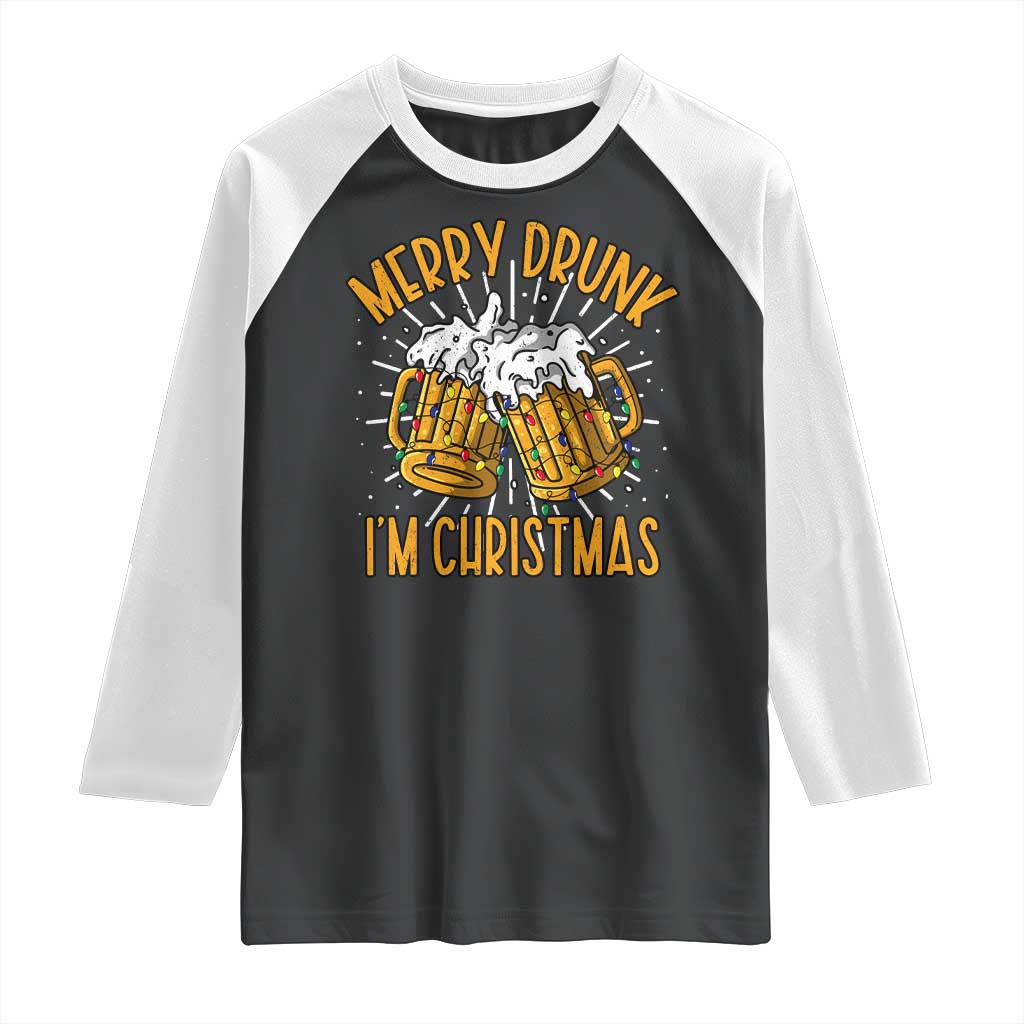 Funny Merry Drunk I'm Christmas Raglan Shirt Vintage Beer Mugs Xmas TS11 Black White Print Your Wear