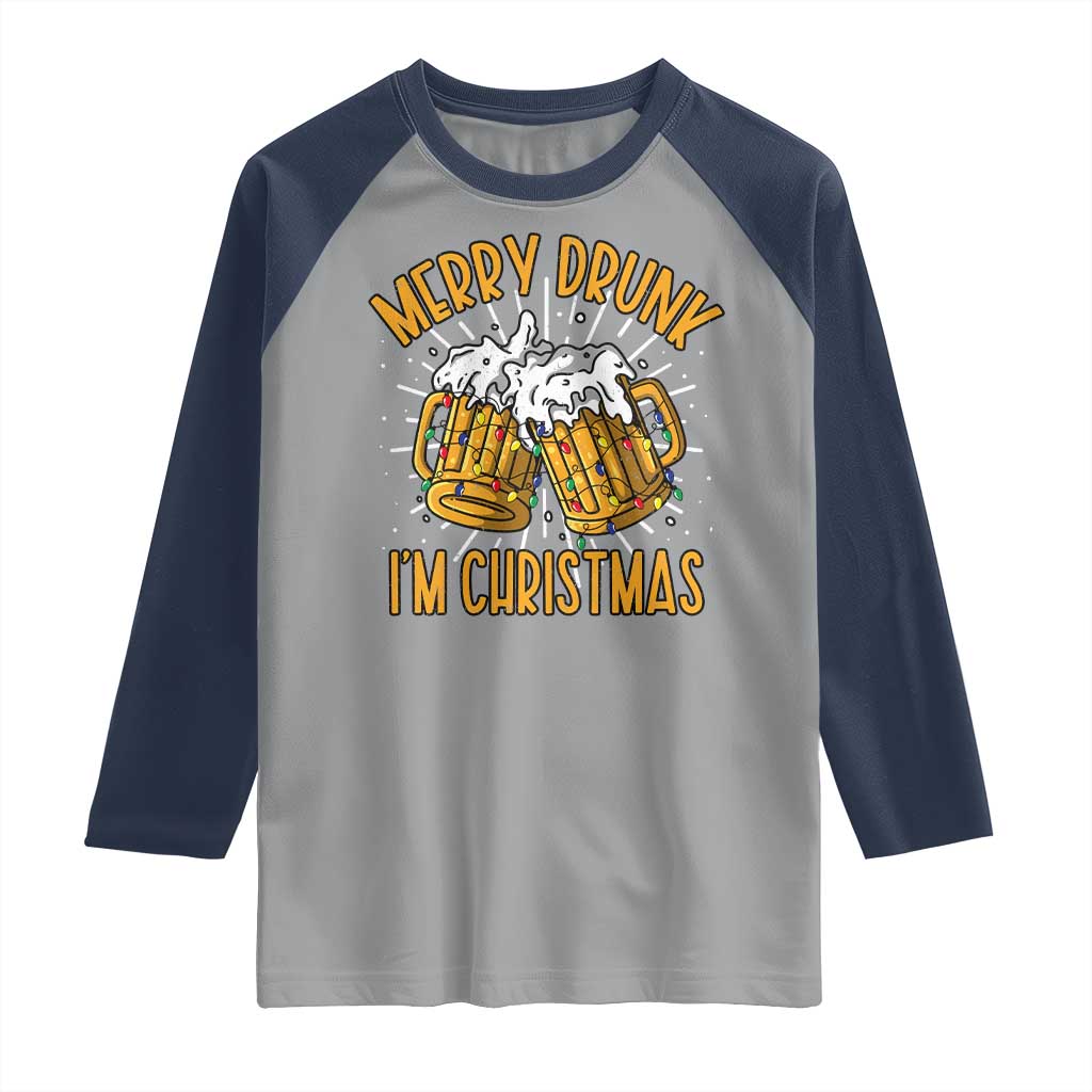 Funny Merry Drunk I'm Christmas Raglan Shirt Vintage Beer Mugs Xmas TS11 Sport Gray Navy Print Your Wear