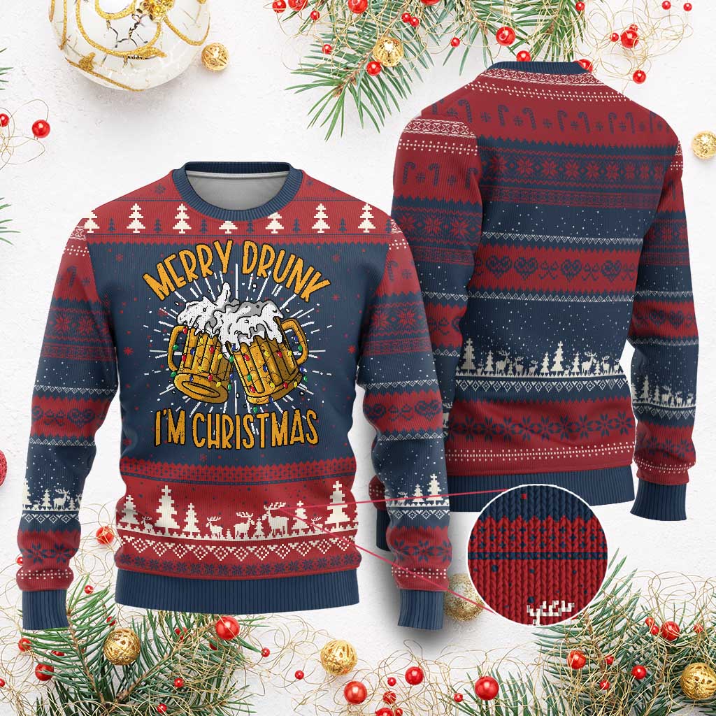 Funny Merry Drunk I'm Xmas Ugly Christmas Sweater Vintage Beer Mugs Xmas TS11 Burgundy Print Your Wear