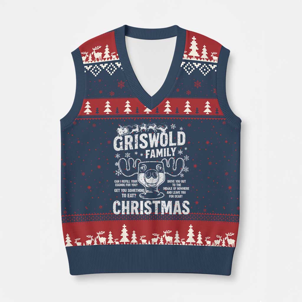 Funny Xmas Vacation Eggnog V-Neck Knit Sweater Vest Griswold Family Can I Refill Your Eggnogs Xmas Movie TS11 Navy Red Print Your Wear