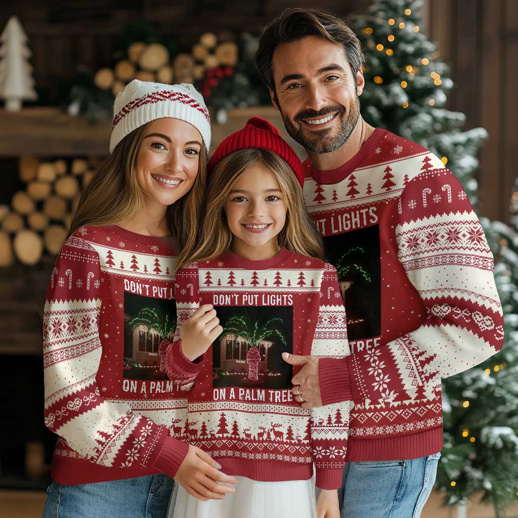 Funny Christmas Dont Put Lights On A Palm Tree Ugly Christmas Sweater Xmas Lights Palm Tree Meme TS11 Red Beige Print Your Wear