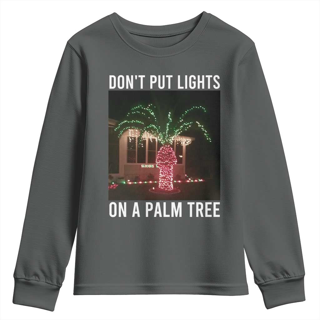 Funny Christmas Dont Put Lights On A Palm Tree Youth Sweatshirt Xmas Lights Palm Tree Meme TS11 Dark Heather Print Your Wear