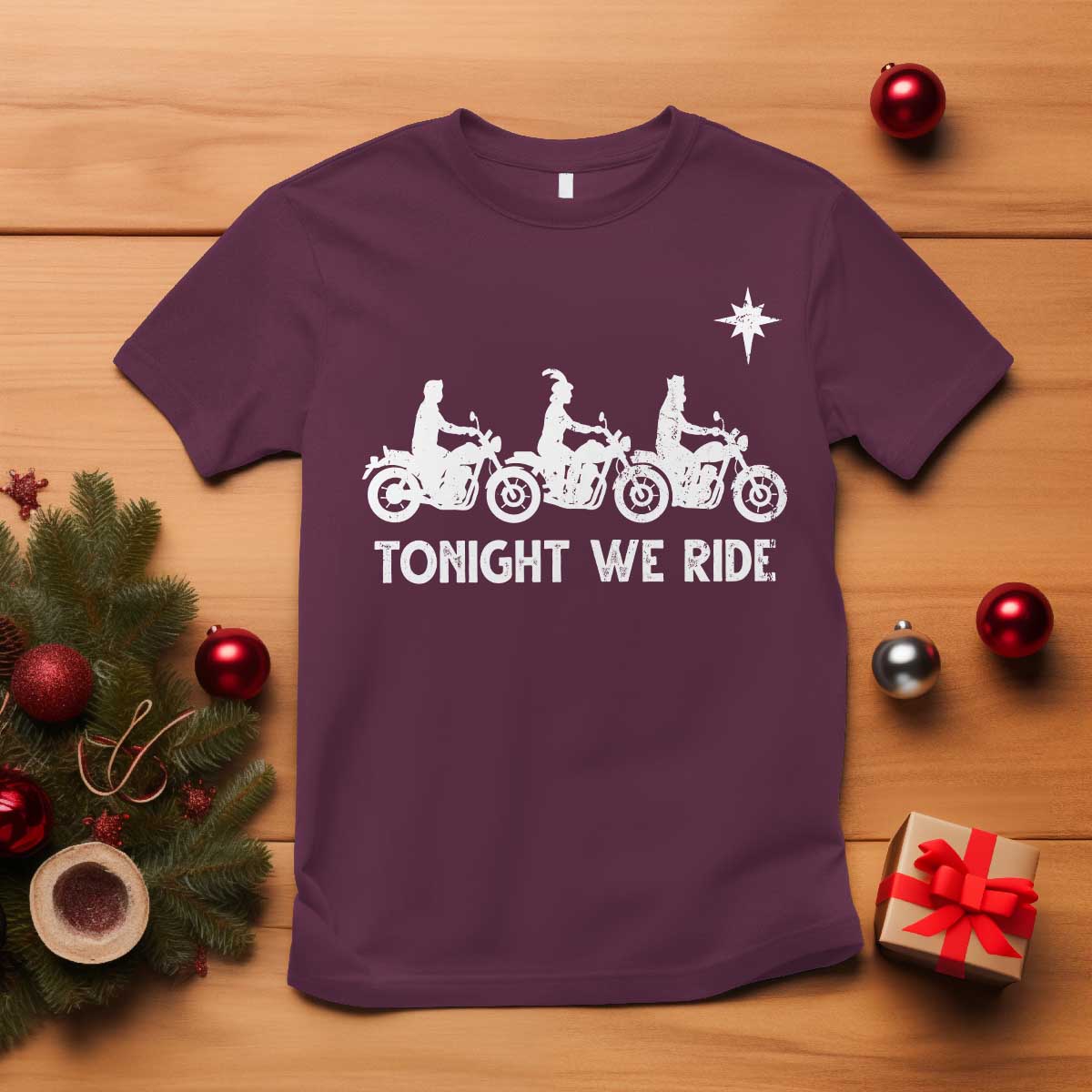 Funny Christmas Christian Biker T Shirt Tonight We Ride Three Wise Men Faith Xmas Motorbikes TS11 Maroon Print Your Wear