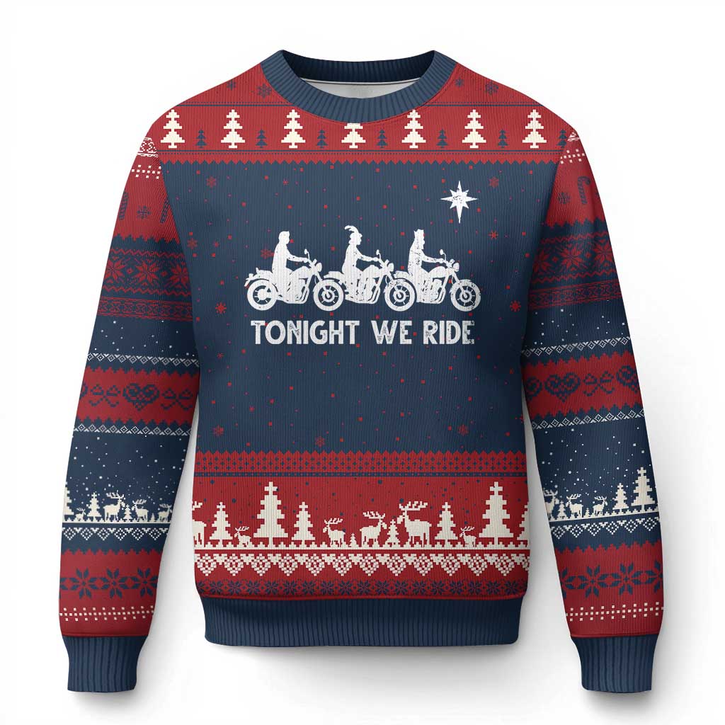 Funny Xmas Christian Biker Ugly Christmas Sweater Tonight We Ride Three Wise Men Faith Xmas Motorbikes TS11 Navy Red Print Your Wear