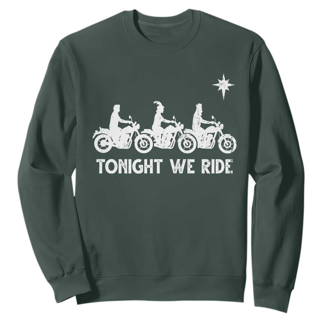 Funny Christmas Christian Biker Sweatshirt Tonight We Ride Three Wise Men Faith Xmas Motorbikes TS11 Dark Forest Green Print Your Wear