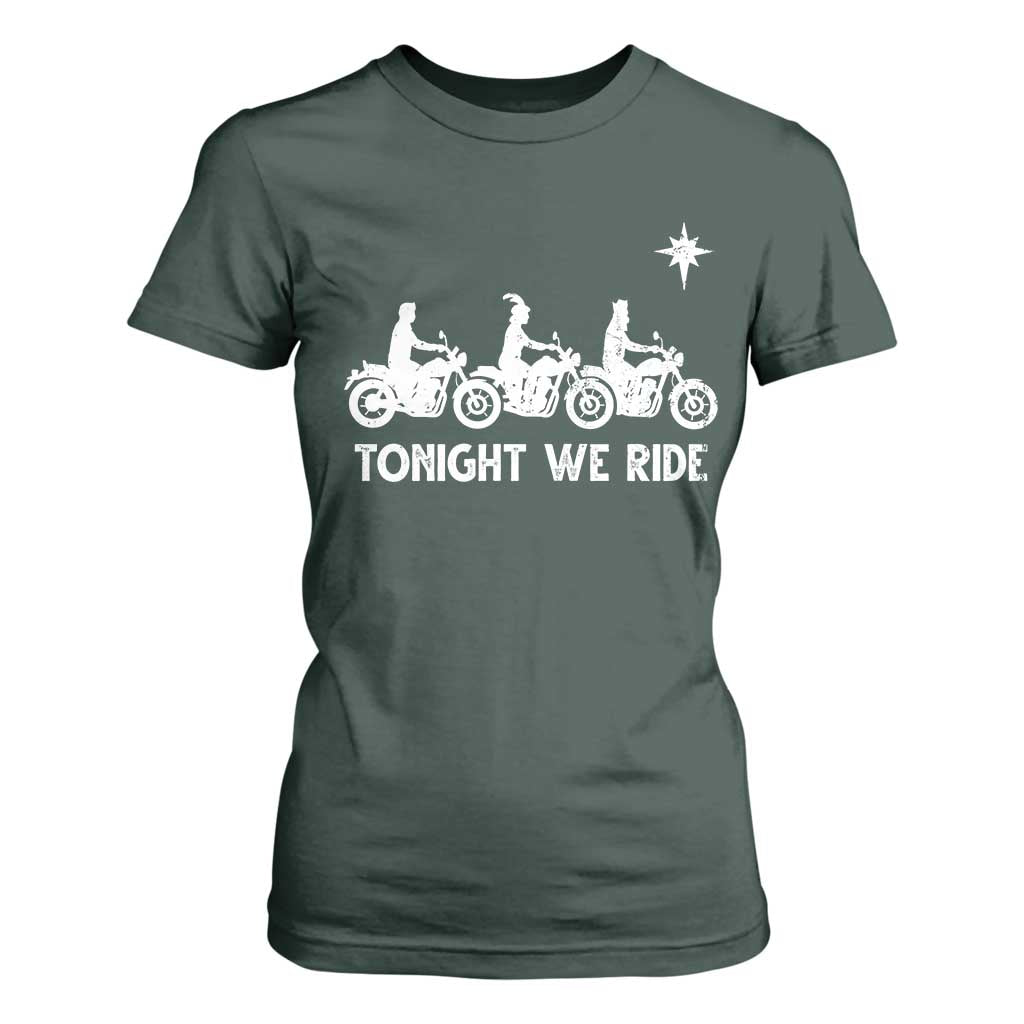 Funny Christmas Christian Biker T Shirt For Women Tonight We Ride Three Wise Men Faith Xmas Motorbikes TS11 Dark Forest Green Print Your Wear