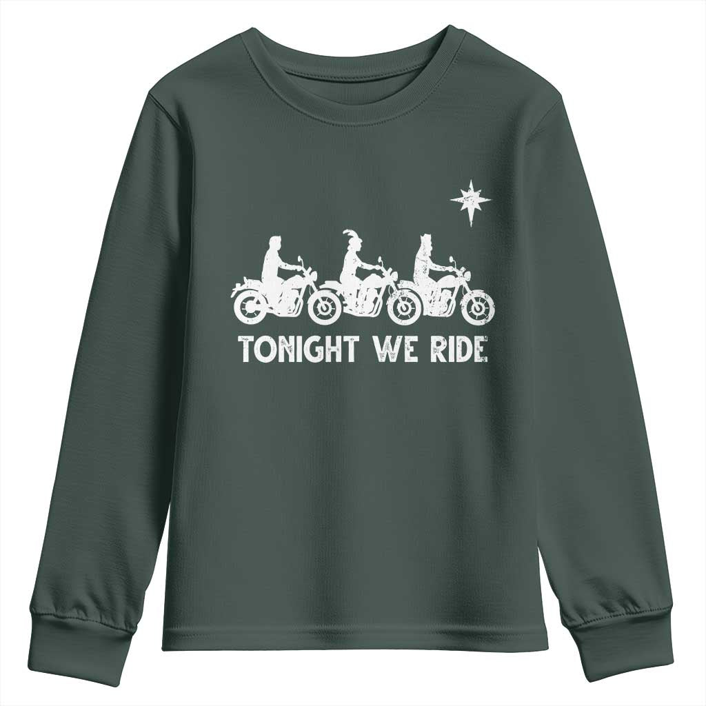 Funny Christmas Christian Biker Youth Sweatshirt Tonight We Ride Three Wise Men Faith Xmas Motorbikes TS11 Dark Forest Green Print Your Wear