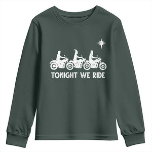 Funny Christmas Christian Biker Youth Sweatshirt Tonight We Ride Three Wise Men Faith Xmas Motorbikes TS11 Dark Forest Green Print Your Wear