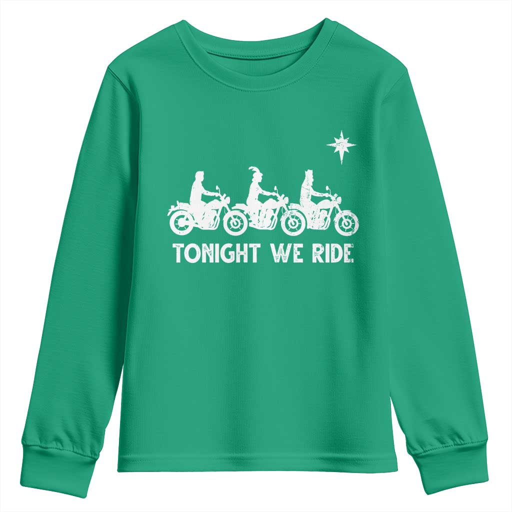 Funny Christmas Christian Biker Youth Sweatshirt Tonight We Ride Three Wise Men Faith Xmas Motorbikes TS11 Irish Green Print Your Wear