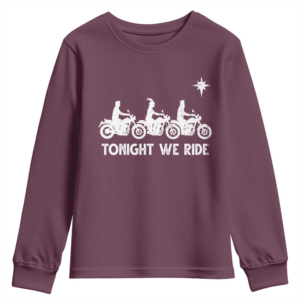 Funny Christmas Christian Biker Youth Sweatshirt Tonight We Ride Three Wise Men Faith Xmas Motorbikes TS11 Maroon Print Your Wear