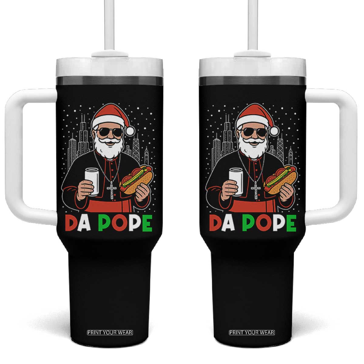Pope Leo XIV Christmas Tumbler With Handle Cardinal Robert Prevost Santa Chicago TS11 One Size: 40 oz Black Print Your Wear