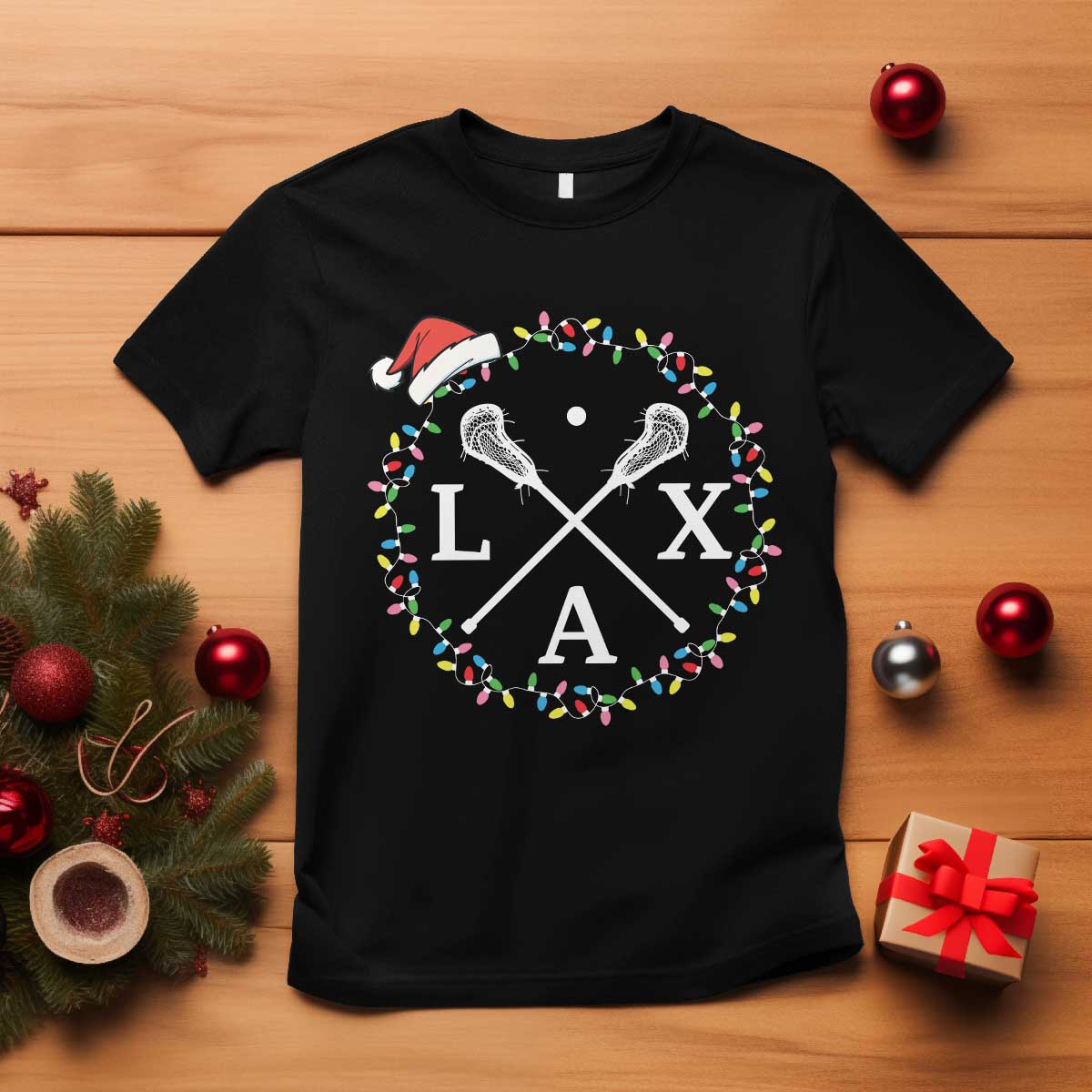 Funny Christmas Lacrosse Lax Stick Santa Hat T Shirt - Print Your Wear