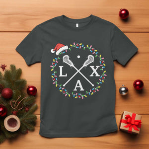 Funny Christmas Lacrosse Lax Stick Santa Hat T Shirt TS11 Dark Heather Print Your Wear