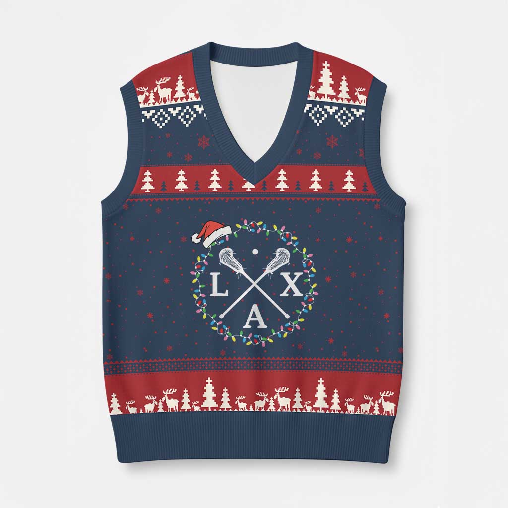 Funny Xmas Lacrosse Lax Stick Santa Hat V-Neck Knit Sweater Vest TS11 Navy Red Print Your Wear