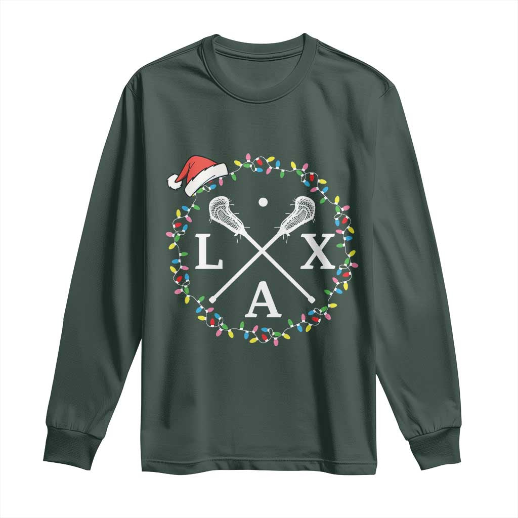 Funny Christmas Lacrosse Lax Stick Santa Hat Long Sleeve Shirt TS11 Dark Forest Green Print Your Wear