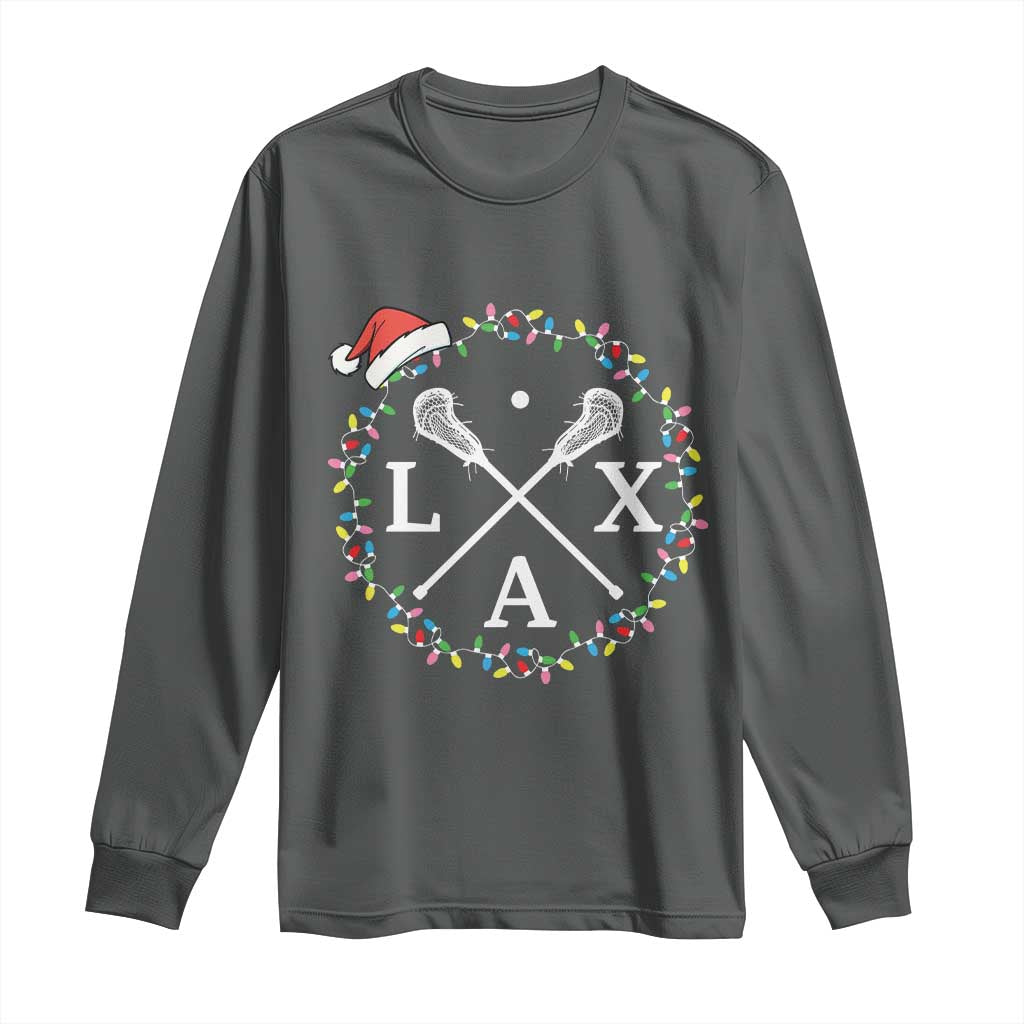 Funny Christmas Lacrosse Lax Stick Santa Hat Long Sleeve Shirt TS11 Dark Heather Print Your Wear