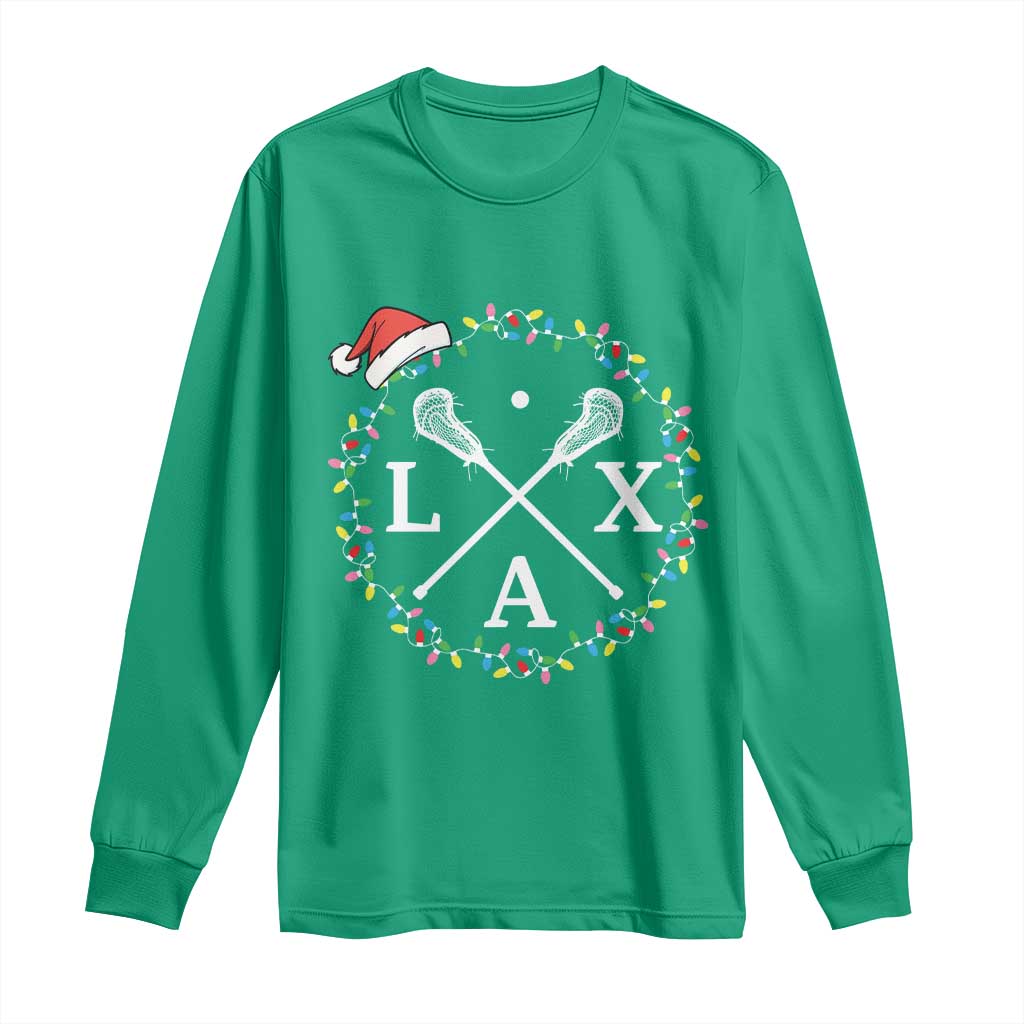 Funny Christmas Lacrosse Lax Stick Santa Hat Long Sleeve Shirt - Print Your Wear