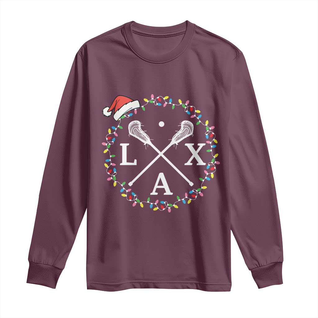 Funny Christmas Lacrosse Lax Stick Santa Hat Long Sleeve Shirt TS11 Maroon Print Your Wear