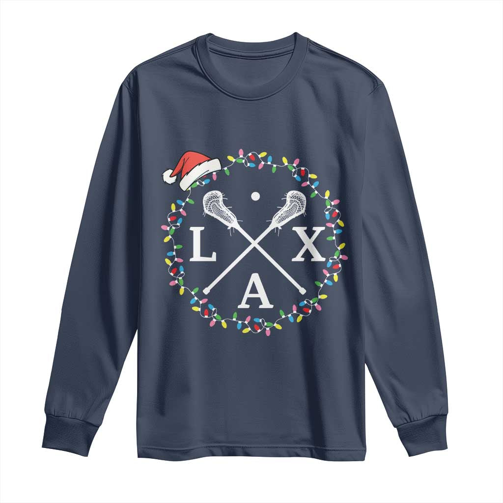 Funny Christmas Lacrosse Lax Stick Santa Hat Long Sleeve Shirt TS11 Navy Print Your Wear