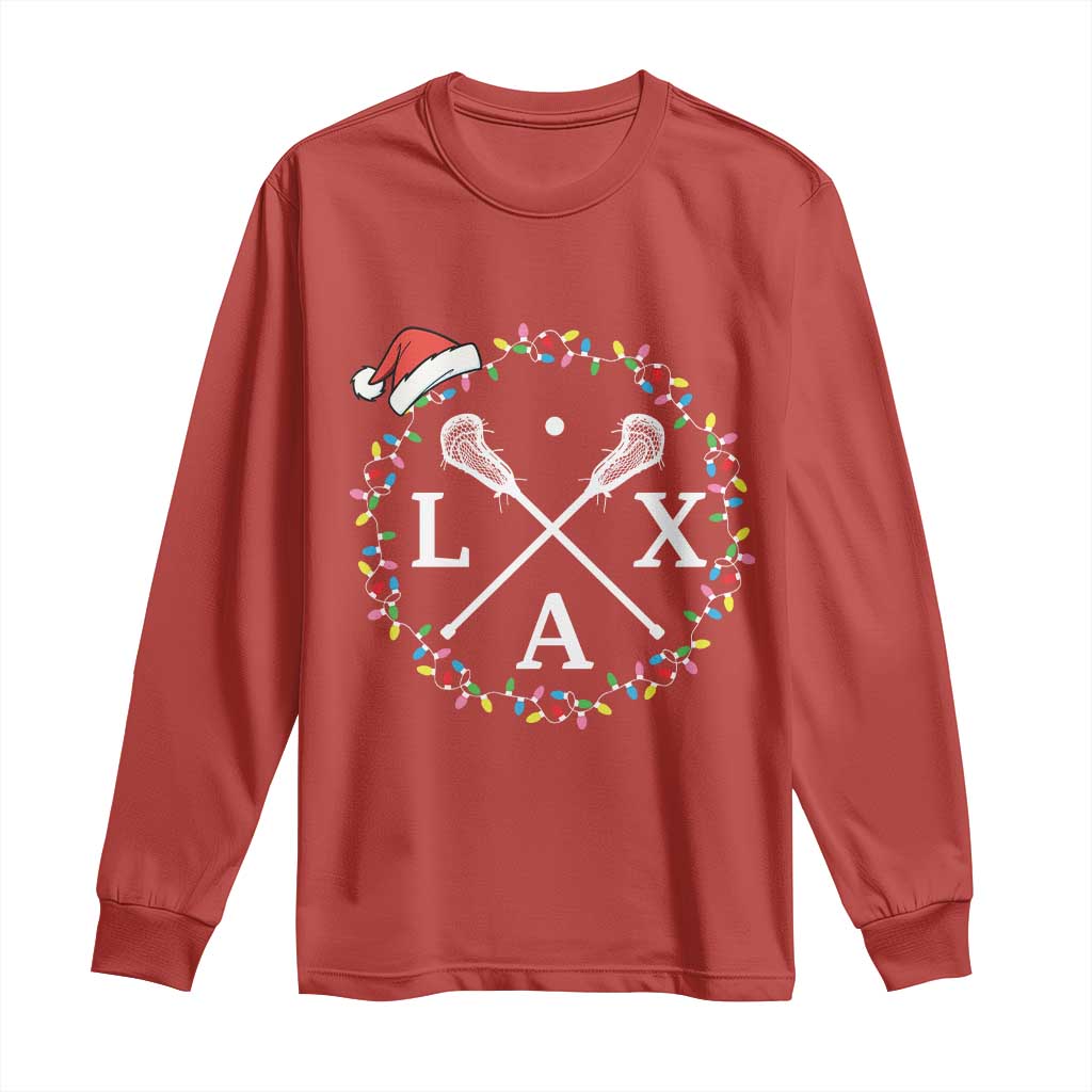 Funny Christmas Lacrosse Lax Stick Santa Hat Long Sleeve Shirt - Print Your Wear
